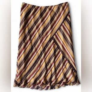 90s Nine West Womens Retro Brown Striped Silk Ruffle Hem Midi A-Line Skirt Large